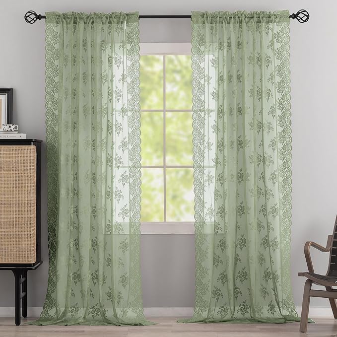 Kotile Sage Green Sheer Curtains 96 Inches Long, Country Rustic Floral Lace Curtains for Living Room Bedroom, Rod Pocket Privacy Green Sheer Lace Curtains, 52 x 96 Inch, 2 Panels, Sage Green