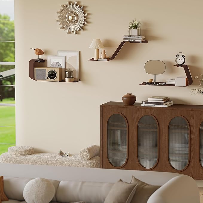 Sttoraboks Floating Wall Shelves Set of 3, Metal Mounted Shelf with Unique Design, Bookshelf for Storage & Display in Bathroom, Bedroom, Kitchen, Living Room, Brown Home Decor