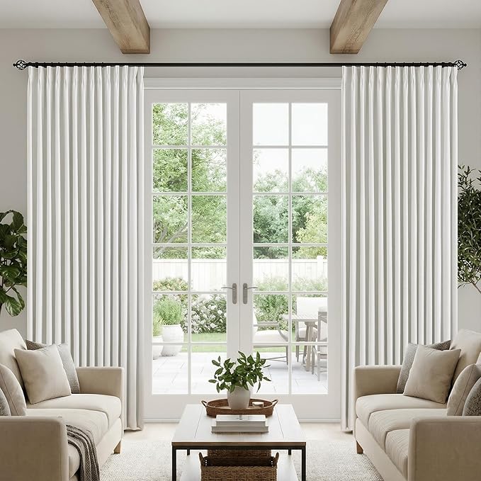 IVAPUPU Pinch Pleated Linen Blend Blackout Curtains for Bedroom - Ivory Full Black Out Curtains 84 Inch 2 Panels Set for Living Room Darkening Thermal Window Curtain Drapes with 16pc Hooks