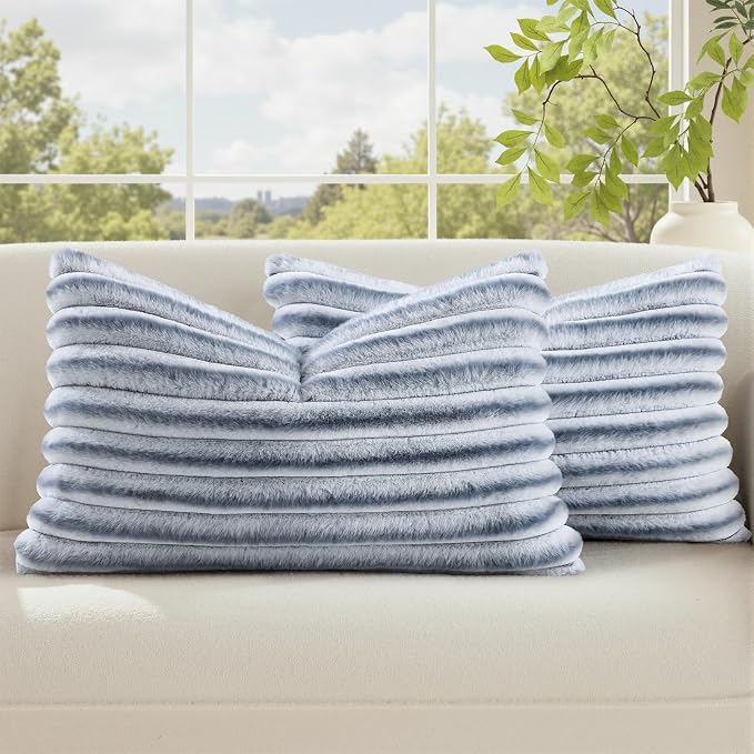 decorUhome Fall Cozy Faux Fur Throw Pillow Covers 12x20 Set of 2 Decorative Soft Plush Striped Lumbar Modern Farmhouse Boho Couch Pillow Cases with Velvet Back for Sofa Bed Living Room, Grey White