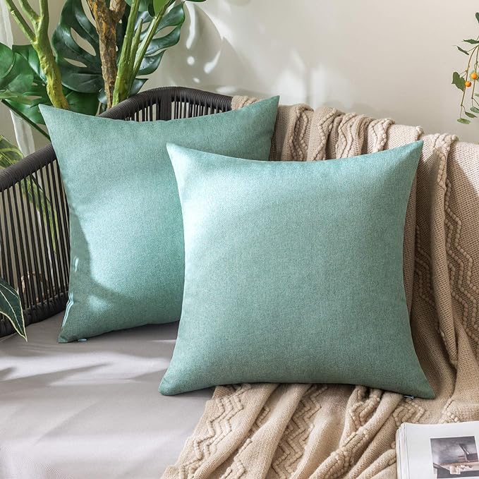 MIULEE Pack of 2 Decorative Outdoor Solid Waterproof Throw Pillow Covers Spring Faux Linen Garden Farmhouse Cushion Cases for Summer Patio Tent Balcony Couch Sofa 16x16 Inch Teal