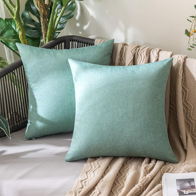 MIULEE Pack of 2 Decorative Outdoor Solid Waterproof Throw Pillow Covers Spring Euro Sham Faux Linen Garden Farmhouse Cushion Cases for Summer Patio Tent Balcony Couch Sofa 22x22 Inch Teal