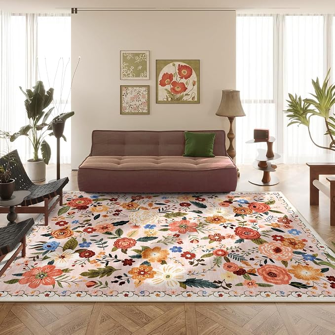 8x10 Washable Area Rug for Living Room, Floral Non-Slip Non-Shedding & Easy Care Large Soft Low Pile Indoor Floor Carpet for Living Room, Bedroom, Farmhouse, Dining Room, Kids Playroom, Beige