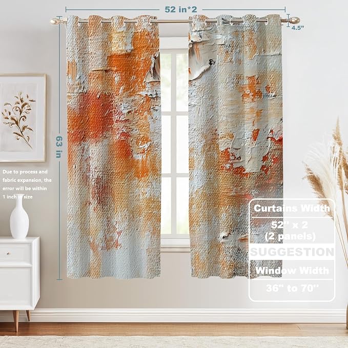 Shrahala Brushstrokes of Paint Thermal Insulated Blackout Window Curtains, Orange Grey Canvas Texture Long Drapes for Bedroom/Living Room with Plastic Grommet, 52X63 Set of 2