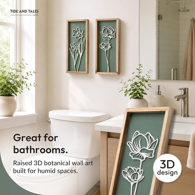 3D Floral Green Wall Art (Set of 2) Lightweight, Wooden Ready-to-Hang Boho Framed Wall Art for Bathroom, Bedroom, Living Room or Office – Premium Sage Green Farmhouse Decor – Gift-Boxed