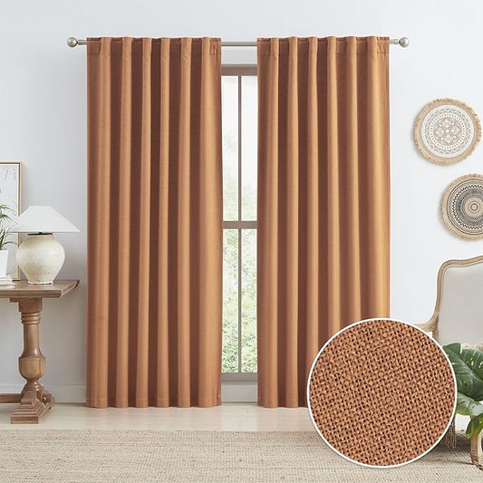 KEQIAOSUOCAI 90 Inch Burnt Orange Blackout Linen Curtains Linen 2 Panels Set for Living Room Hook Belt Back Tab Boho Muted Ochre Orange Curtains for Bedroom W50 x L90