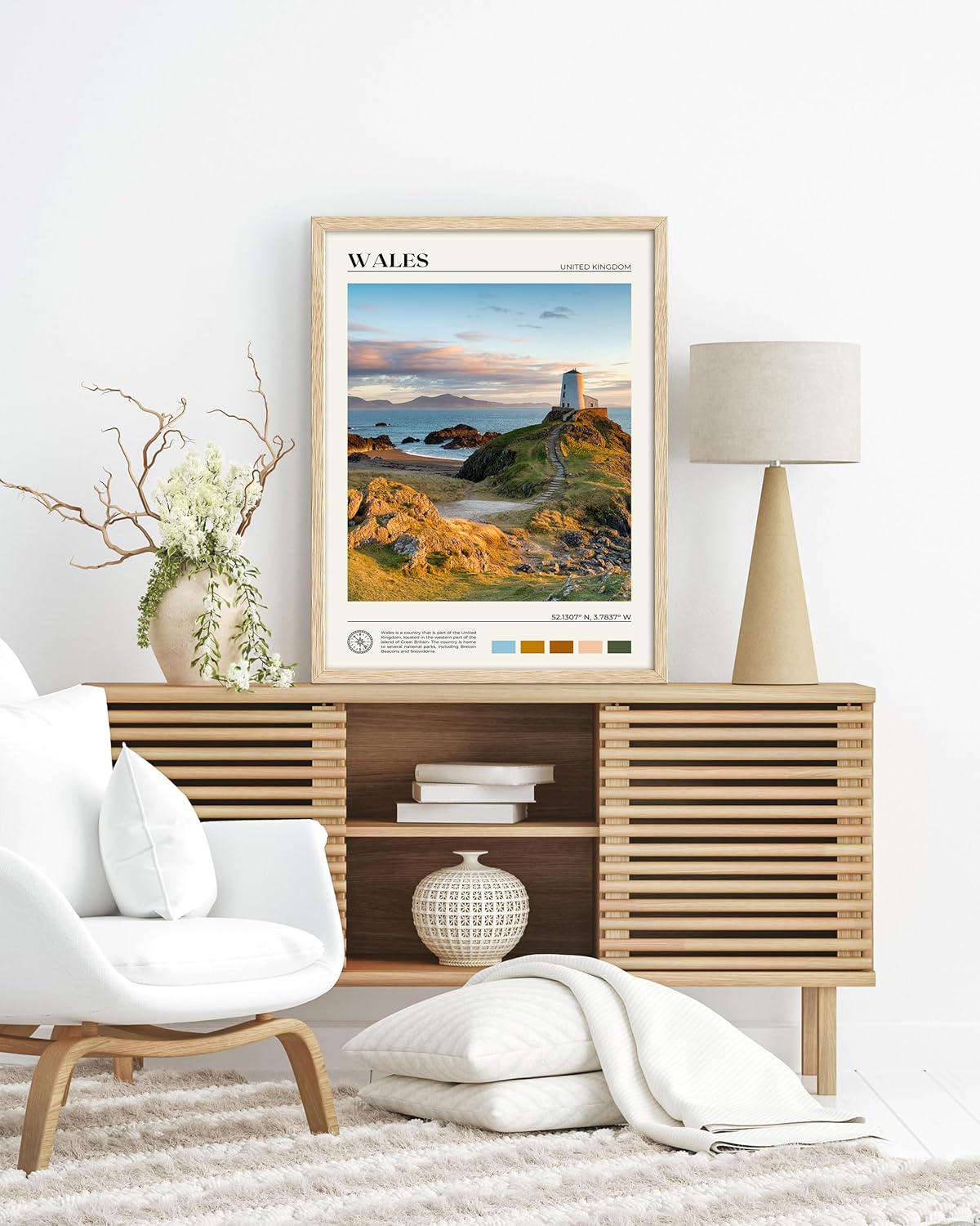 HesenDot Natural OAK Wood Framed Wales Wall Art,12x16in Tŵr Mawr Lighthouse Seascape Canvas Wall Print Posters, Classic Urban Landmark Wall Decor for Living Room, Bedroom, Office Gallery Set of 1