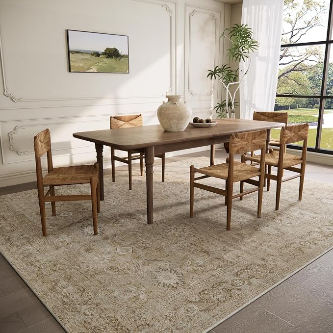 5x7 Area Rugs for Living Room: Washable Bedroom Rug with Non Slip Backing Low Pile Soft Faux Wool Distressed Vintage Boho Carpet Rugs for Entryway Dining Room Farmhouse Nursery Home Office Indoor