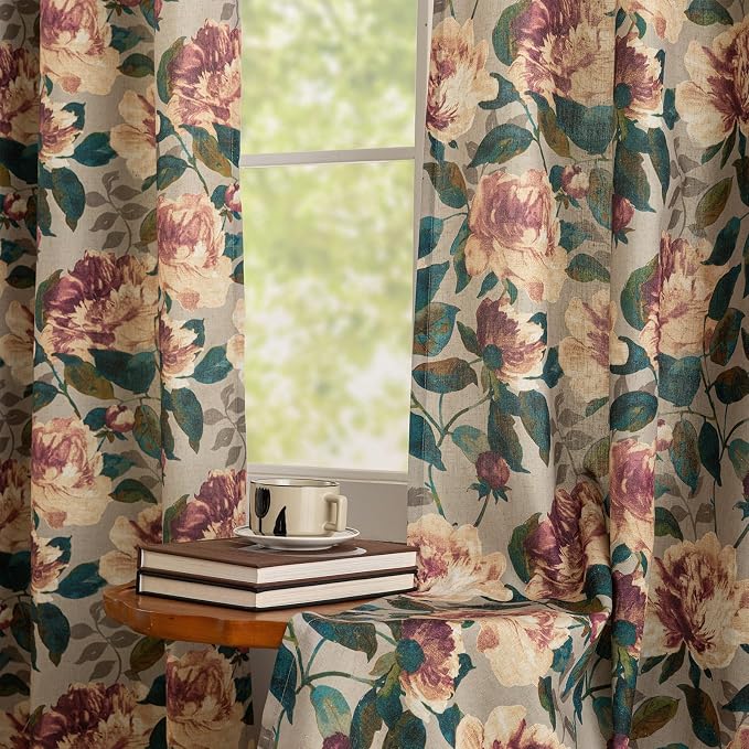 ALIGOGO Taupe Linen Curtains for Dinding Room - Victorian Semi-Blackout Floral Curtains 108 Inches Long, Grommet Privacy Light Filtering Decorative Art Nouveau Decor, 50W x 108L Inch, 2 Panels
