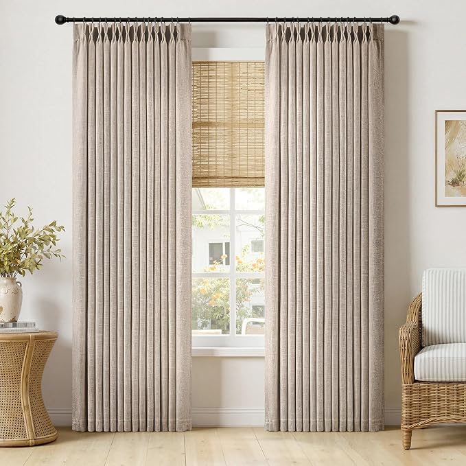 MIULEE Pinch Pleated Thick Linen Curtains 84 Inches Long 2 Panels for Living Room Bedroom, Linen Texture Memory Trained Pleat Drapes Rustic Farmhouse Track System Curtains with Hooks&Rings, Taupe