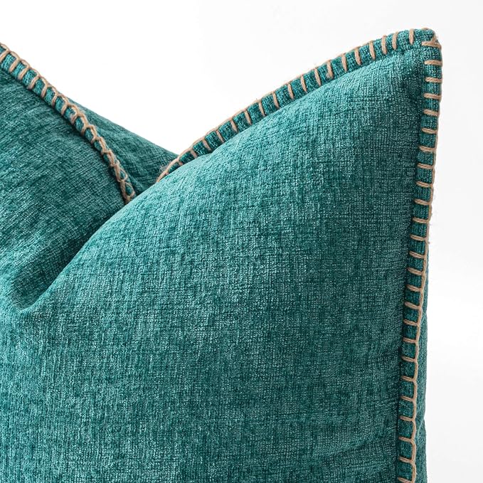 MIULEE Pack of 2 Couch Throw Pillow Covers 20x20 Inch Teal Farmhouse Decorative Pillow Covers with Stitched Edge Soft Chenille Solid Dyed Summer Pillow Covers for Sofa Bed Living Room