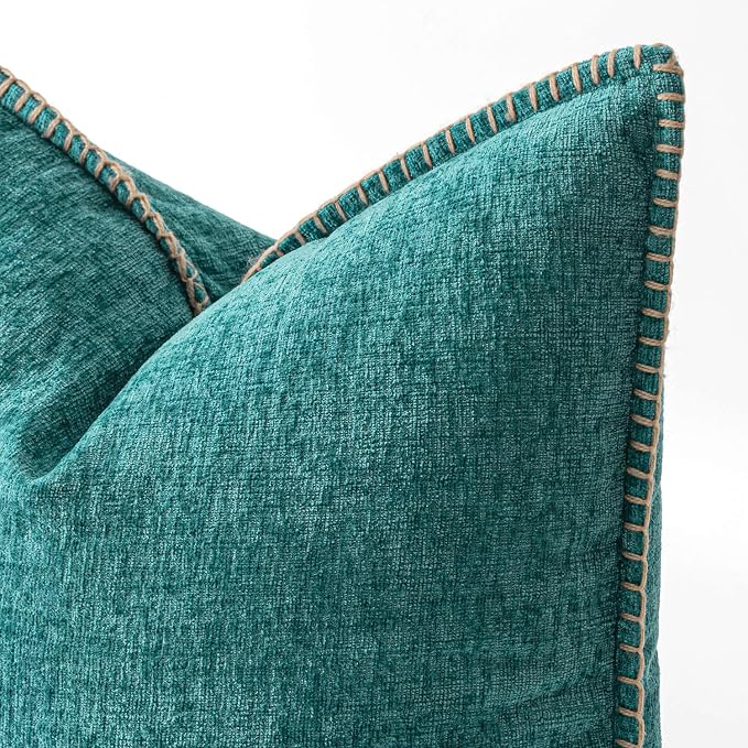 MIULEE Pack of 2 Couch Throw Pillow Covers 18x18 Inch Teal Farmhouse Decorative Pillow Covers with Stitched Edge Soft Chenille Solid Dyed Summer Pillow Covers for Sofa Bed Living Room