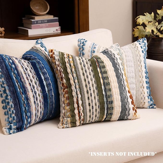 Boho Chenille Tufted Throw Pillow Covers 18x18 Inch Set of 2 Farmhouse Mixed Green Woven Striped Decorative Pillowcases for Couch Sofa Bed