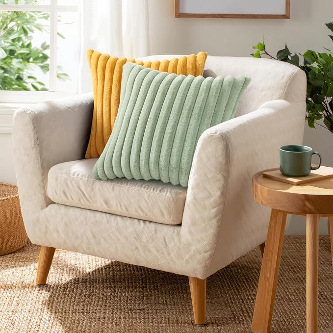Pallene Faux Fur Plush Throw Pillow Covers 24x24 Set of 2, Luxury Soft Fluffy Striped Decorative Pillow Covers for Sofa, Couch, Living Room, Sage Green