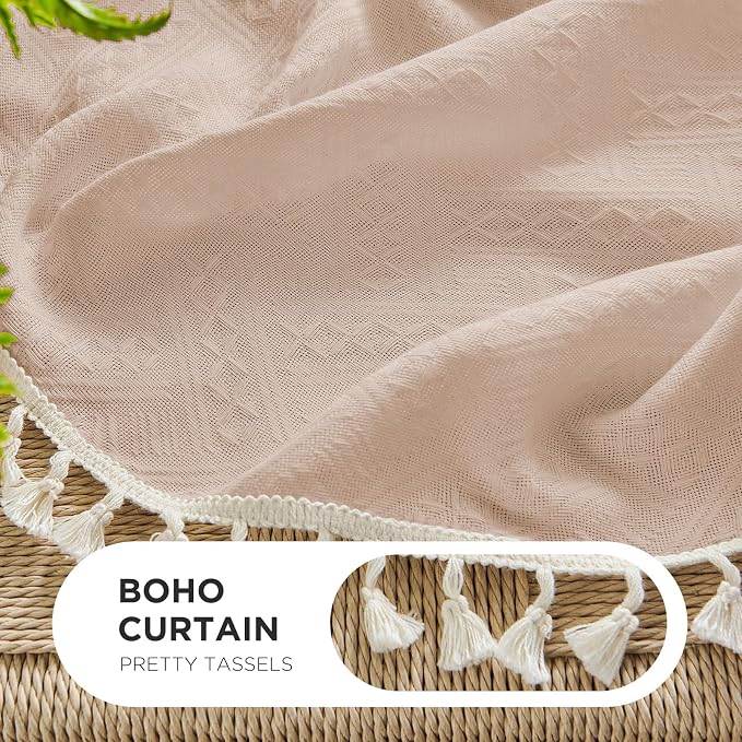 Joydeco Dusty Pink Boho Curtains 84 Inch Length 2 Panels, Super Soft Bohemian Farmhouse Curtains with Tassels, Semi Sheer Light Filtering Drapes for Bedroom Living Room (Rod Pocket, 52Wx84L)
