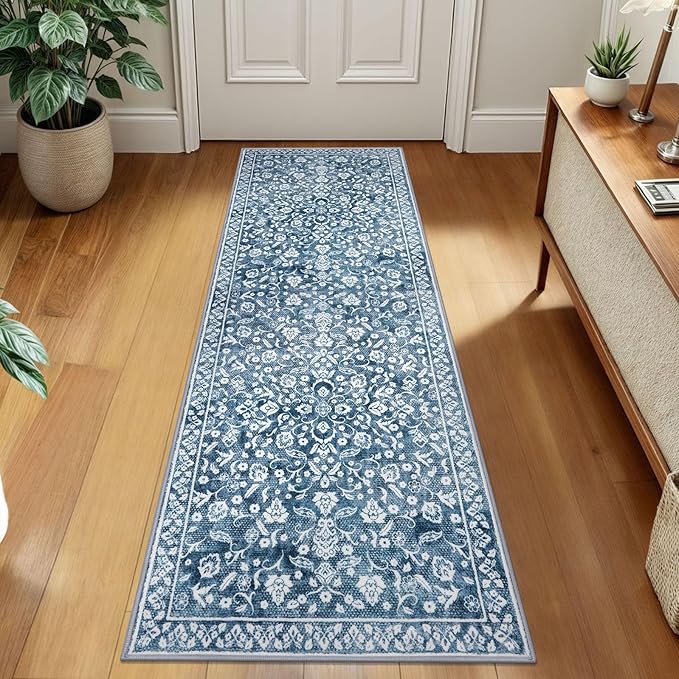 Vintage 2x7 Runner Rug, Blue and White Washable Runners for hallways, Super Soft Kitchen Runner Rug Non Slip, Print Faux Wool Floral Thin Carpet Runner for Entryway Indoor Bedside Runner