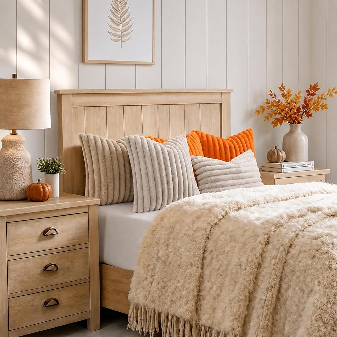 decorUhome Fall Cozy Faux Fur Throw Pillow Covers 26x26 Set of 2 Decorative Soft Plush Striped Modern Farmhouse Boho Couch Euro Sham Pillow Cases with Velvet Back for Sofa Bed Living Room, Orange