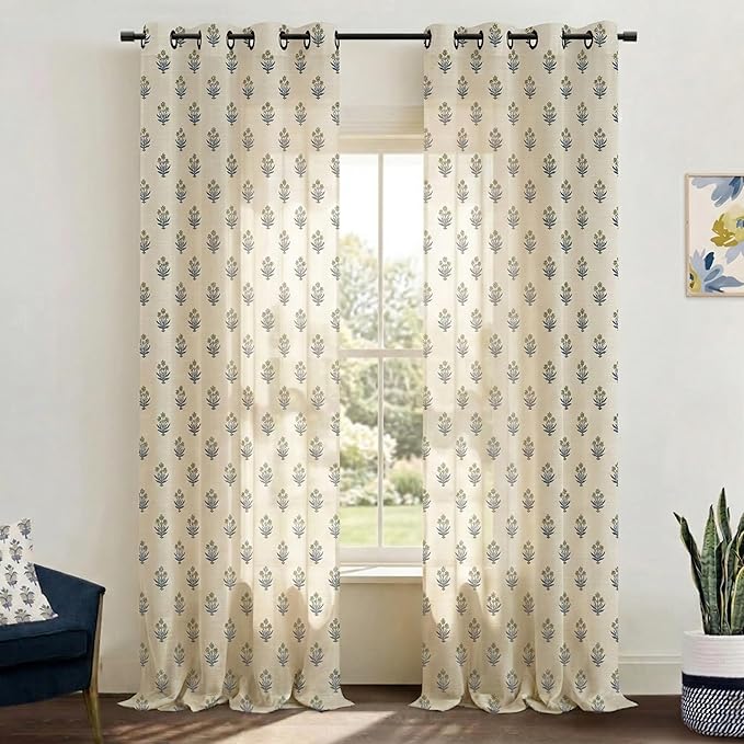 Lino Rosa Spring Mustard Yellow Curtains for Living Room,Sheer Flower Pattern Retro Floral Pretty Mid Century Modern Curtains for Bedroom Window 2 Panel Sets,52 x 84 Inches Long,Yellow and Blue