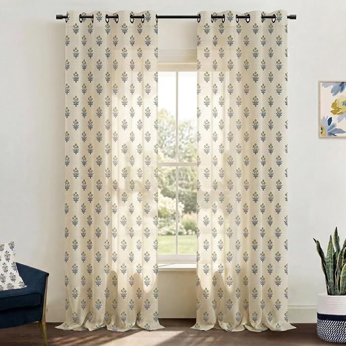 Colorful Yellow and Blue Floral Spring Curtains for Living Room, Pretty Sheer Boho Multi Color Curtains for Bedroom 96 Inches Long 2 Panels Set