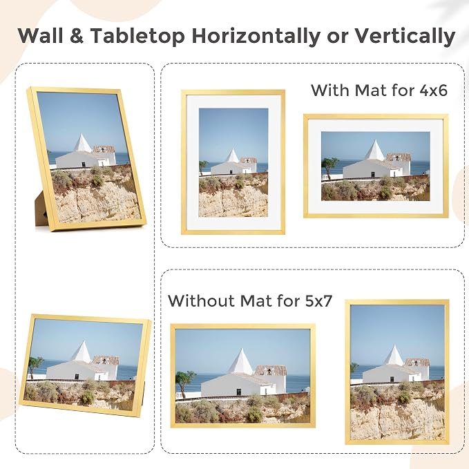 FLYJOE 5x7 Gold Picture Frame | Metal 5x7 Frame With Mat For 4x6 | 5 x 7 Aluminum Photo Frame | Plexiglass And Hanging Hardware Included | 5 By 7 Picture Frame | 3Pcs, Gold