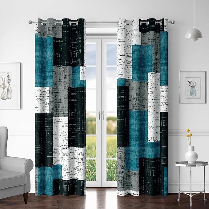 Tyrot Rustic Blue Grey 100% Blackout Curtains for Bedroom 96 inch Long 2 Panels Set Gray Modern Abstract Geometric Black Out Curtains Insulated Room Darkening Window Drapes for Living Room, 52Wx96L