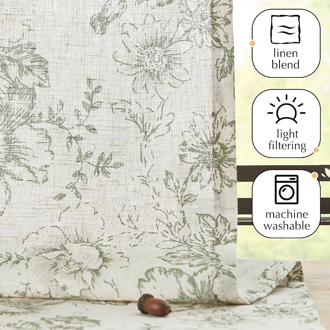 jinchan Floral Linen Tier Curtains 45 Inch Farmhouse Botanic Cafe Drapes for Small Windows Rustic Half Window Curtains for Kitchen Living Room Bathroom Laundry 2 Panels Sage Green on Beige
