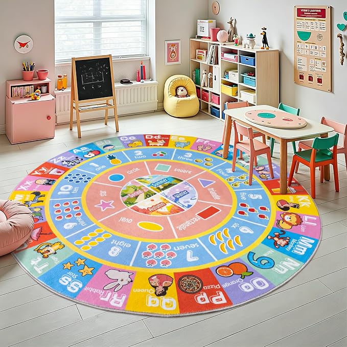 Kids Rugs for Playroom - Soft & Non-Slip 6x6 Feet Round Educational Rug for Learning ABC Alphabet, Numbers, Shapes & Season, Washable Classroom Rug for Bedroom Nursery & Kids Room Decor