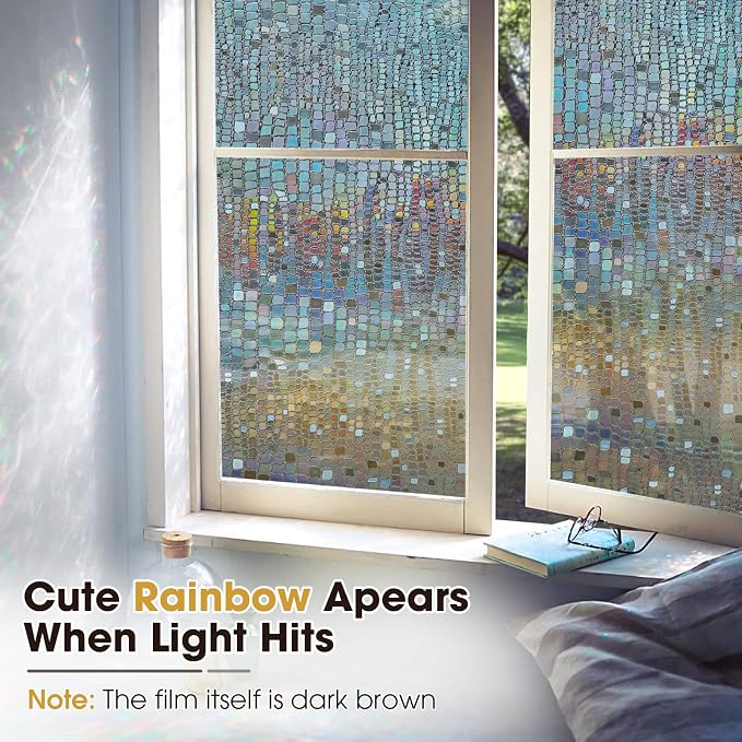 Windimiley Window Privacy Film 3D Rainbow Stained Glass Static Clings Bathroom Decorative Sticker Prism Holographic Window Decals Sun Blocking Non-Adhesive Door Covering, 23.6 x 394in,Brown