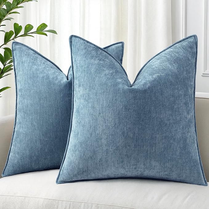 decorUhome Fall Couch Throw Pillow Covers 20x20 Set of 2, Decorative Soft Velvet Modern Cozy Chenille Pillow Cases with Elegant Design for Sofa Bed Living Room Home Decor, Blue Grey