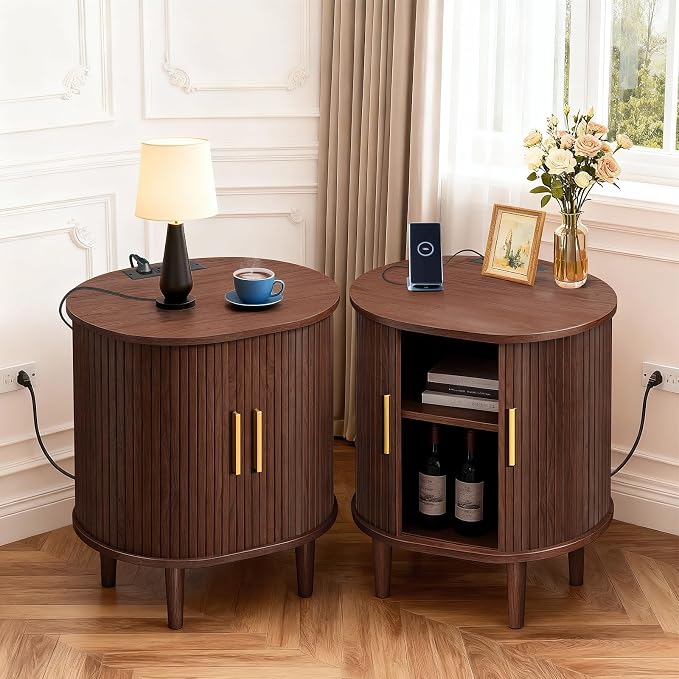 DHH Mid Century Modern Nightstand with Charging Station, Fluted Accent Side Table with Sliding Door & Adjustable Shelf, End Table for Small Space, Living Room, Bedroom,Sofa Couch (1, Walnut)