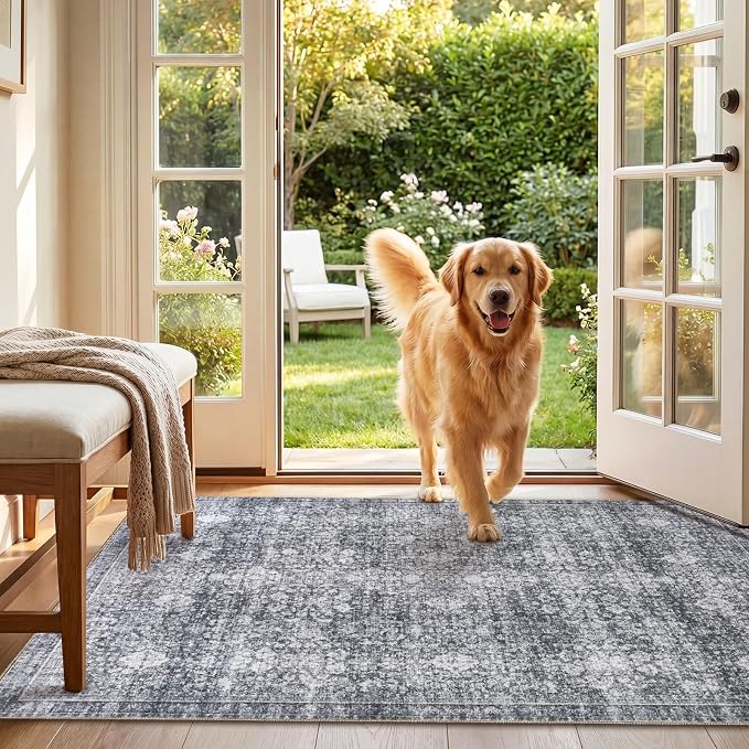 Sasttie 3x5 Rug, Ultra-Soft Washable Rug, Low Pile Foldable Thin Carpets with Non-Slip Backing, Skin-Friendly Stain Resistant Carpet for Living Room, Bedroom, Kitchen, Dorm, 3x5, Black Grey