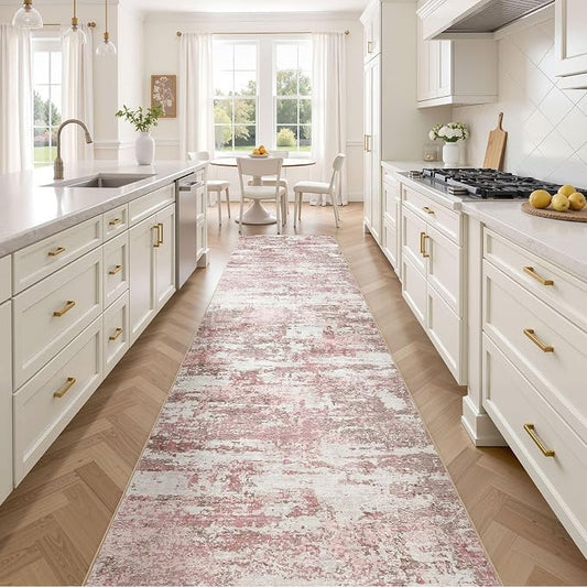 Area Rugs for Living Room: 3x14 Abstract Washable Rug Modern Neutral Large Soft Stain Resistant Non-Slip Backing Machine Table for Bedroom Dining Room Indoor Home Office Carpet - Pink