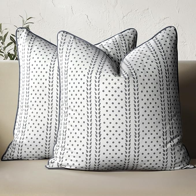 CPC 100% Cotton Throw Pillow Covers 24x24 Inch, Set of 2 Block Print Pattern Couch Pillow with Hidden Zipper, in Collabaration with Southern Source- Misty Grey Trelis