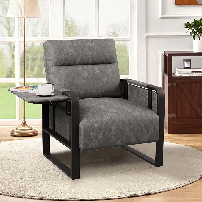 PU Leather Accent Chair, Modern Armchair with Foldable Table Upholstered Side Chairs for Living Room Bedroom Office Chair Grey
