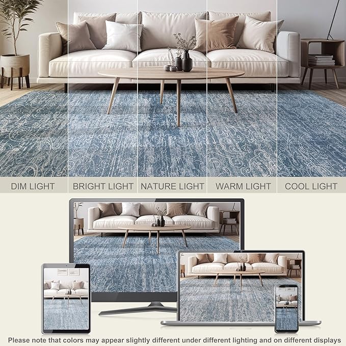 DMOYEST Area Rug Living Room Rugs - 10x14 Abstract Large Soft Indoor Washable Rug Neutral Modern Low Pile Carpet for Bedroom Dining Room Farmhouse Home Office - Dark Blue