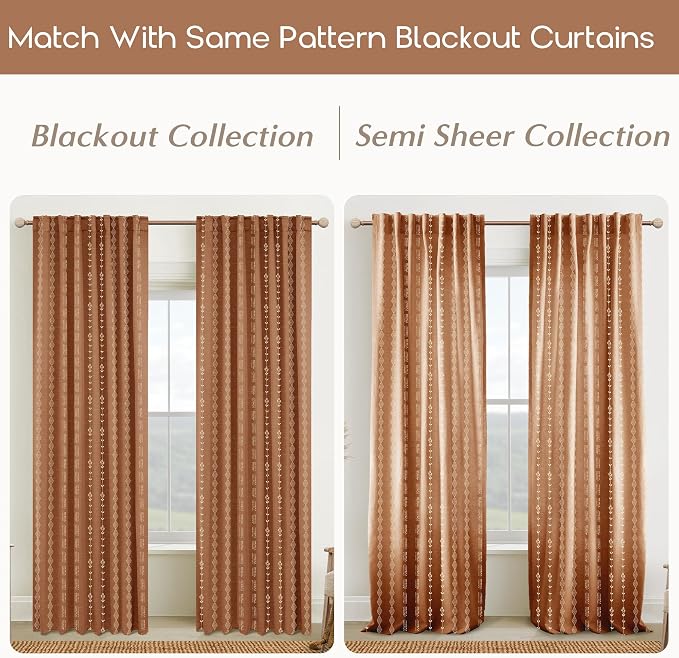 Terracotta Boho Curtains for Living Room Bedroom, Vintage Burnt Orange Rust Colored Floral Printed Drapes, Rustic Farmhouse Sheer Linen Patterned Curtains 84 Inch Length 2 Panels Set