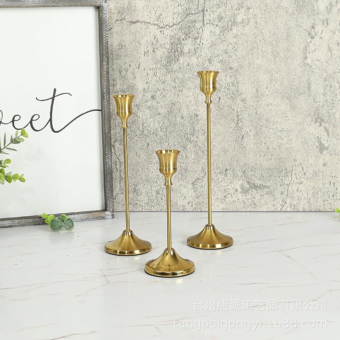4 Sets(12 Pcs) Candle Stick Holders，Brass Gold Metal Taper Candle Holders, Vintage Modern Decorative Centerpiece Candlestick Holders for Table Mantel Wedding Housewarming Gift