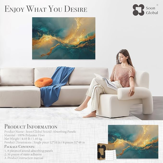 Soon Global Acoustical Wall Panels, 48 X 32 Inches Art Acoustic Panels, Decorative Acoustic Panels, Acoustic Wall Panels, Sound Absorbing Wall Art, Oceanic Gleam