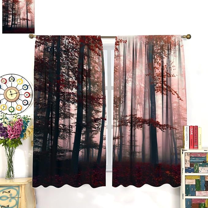 Forest Blackout Curtains for Kids,Watercolour Green Misty Nature Pine Tree Tree Forest Botanical Landscape Window Drapes for Boys Girls Bedroom Living Room Kitchen 55x63in