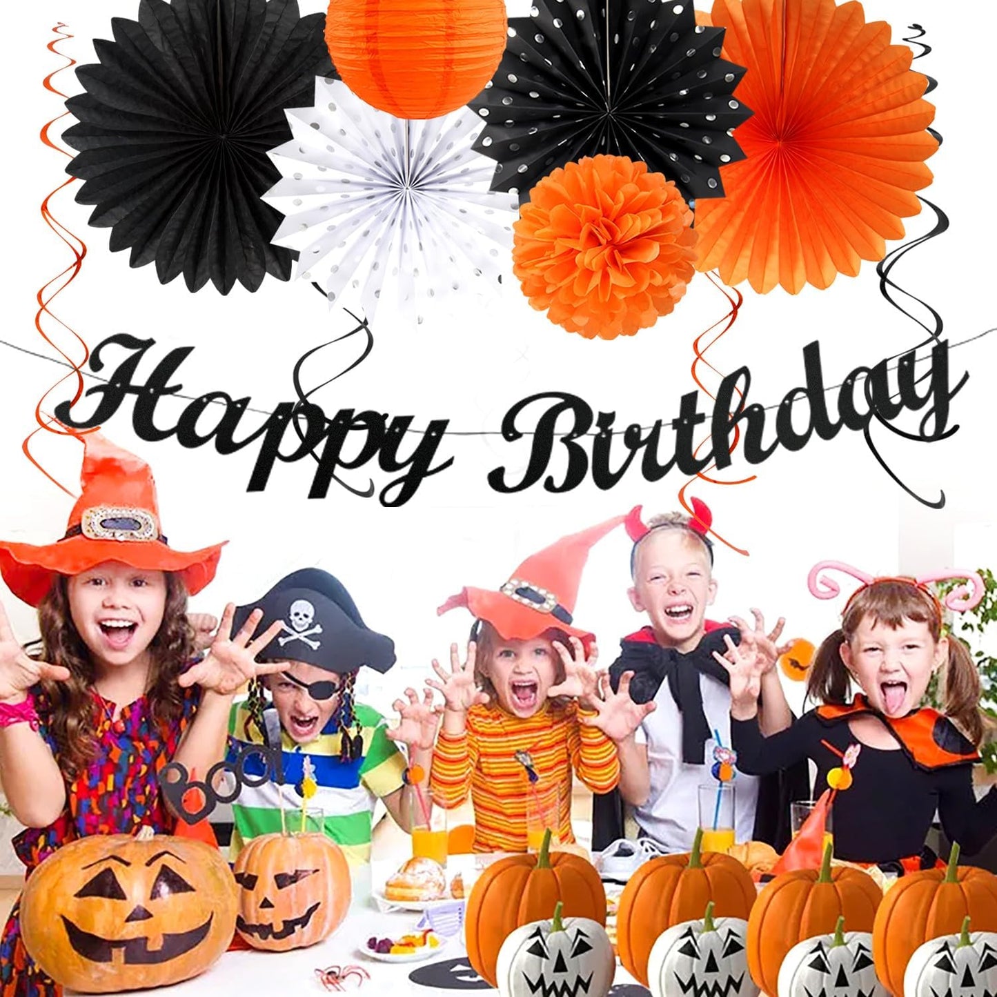 Black-White Orange Halloween Birthday Party-Decorations - 21pcs Happy Banner,Paper Lanterns Honeycomb,Tissue Pom Poms Flower Fan,Kids Classroom Hanging Streamers Garland Decor Supplies Huglony