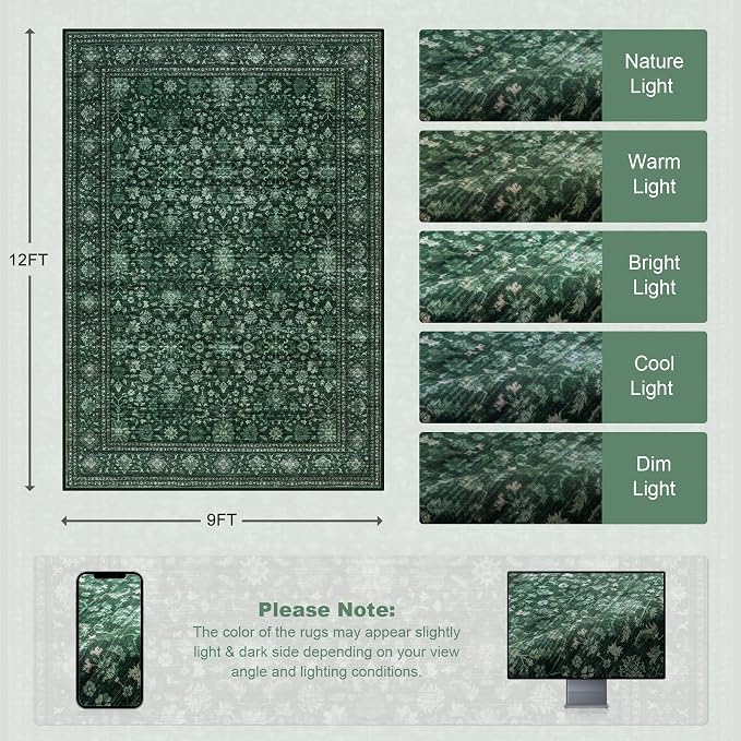 Area Rugs 9x12 Living Room Rug: Washable Rug Soft Vintage Distressed Floral Carpet Indoor Non-Slip Stain Resistant Large Carpets for Bedroom Dining Room Farmhouse Nursery Home Office Deep Green