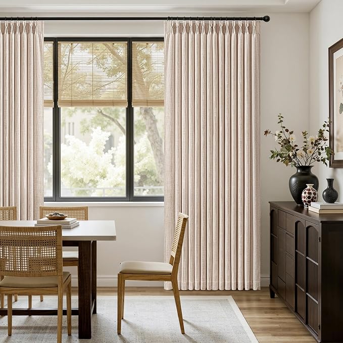 MIULEE Pinch Pleated Thick Linen Curtains 84 Inches Long 2 Panels for Living Room Bedroom, Linen Textured Memory Trained Drapes Pleat Back Tab Light Filtering Sand Beige Window Curtains with Hooks
