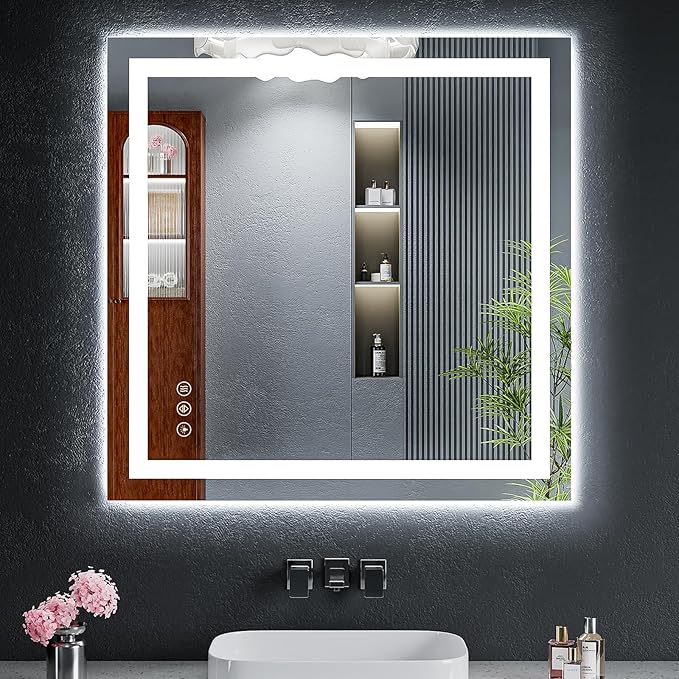30"x30" LED Bathroom Mirror with Lights, Backlit + Front Lit with CRI>90, Lighted Mirror for Bathroom, Anti-Fog, Dimmable Brightness, 3 Colors, Memory Function, Shatterproof Tempered Glass
