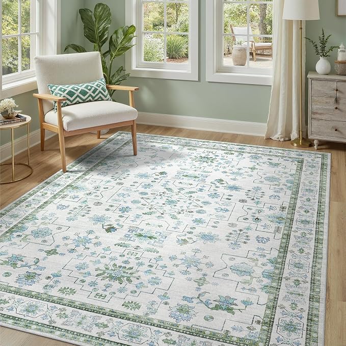 DCX Green 6x9 Rug, Kid & Pet Friendly with Rubber Back Non Slip, Machine Washable Stain Resistant Vintage Boho Floral Rug for Living Room, Bedroom, Soft Low Pile Large Nursery Carpet