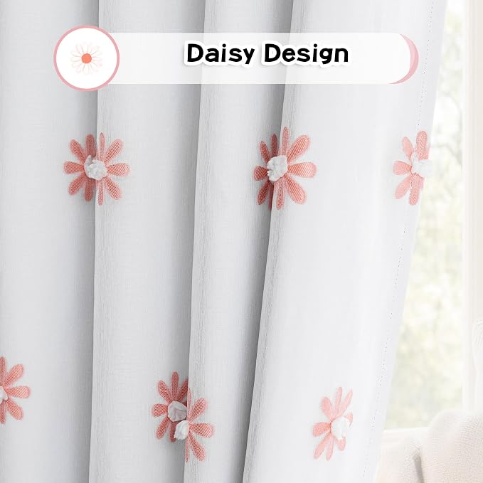 MYSKY HOME Blackout Curtains for Living Room 95 Inch Long Total Light Blocking Pink Floral Curtain for Sliding Door 2 Panels Grommet Girls Bedroom Drapes with Daisy Flower Sheer 52 x 95 in