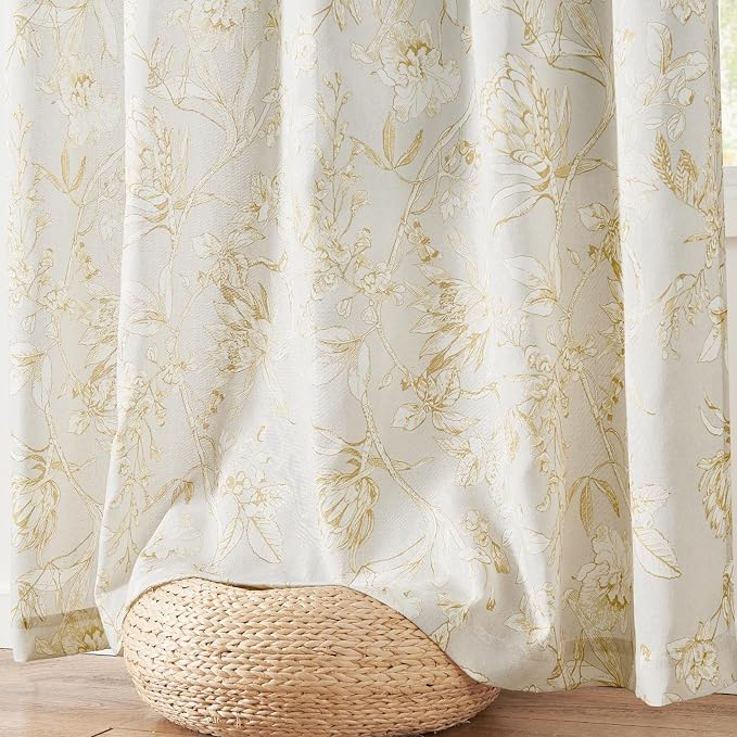 jinchan Floral Curtains 90 Inch Length Mustard Yellow Flower Linen Farmhouse Curtain for Living Room French Country Vintage Curtain Rod Pocket Curtains Set 2 Panels Floral Printed
