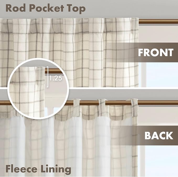 Madison Park Anaheim Cabin Plaid Curtain Window, Thermal Insulated Fleece Lining, Living Room Decor Room Darkening Drape for Bedroom, 1-Single Panel, 50x84, Rod Pocket & Back Tab, Natural (Pack of 4)