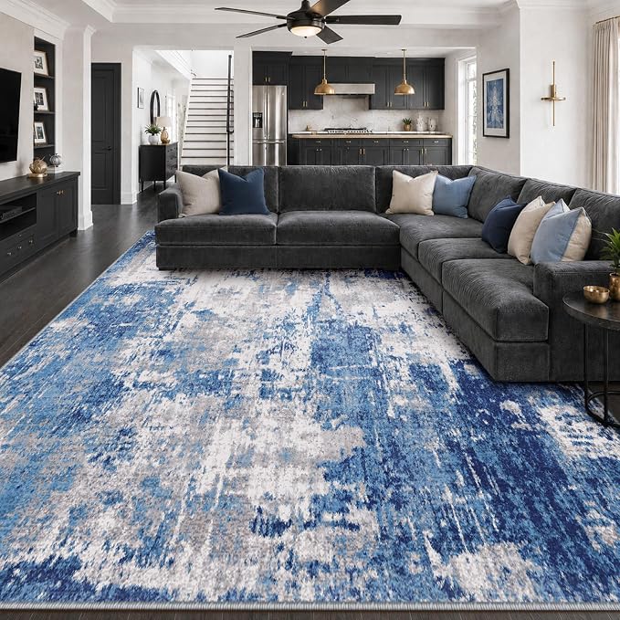 RELEANY Washable Area Rugs 9'x12' Non-Slip Modern Abstract Soft for Living Room Entryway Bedroom Kitchen, Print Pattern, Blue Grey Navy Gray