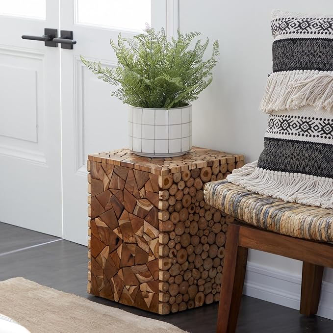 Deco 79 Teak Wood Side Table, 14" x 14" x 18", Varnished Brown | Distinctive living room style, wood side table for living room, brown end table, handmade, mosaic wood chip design