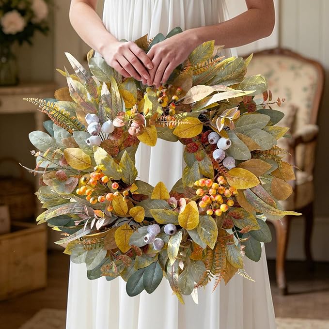 WANNA-CUL 22 Inch Eucalyptus Fall Front Door Wreath Harvest Farmhouse Decor | Year Round Vintage Artificial Greenery Autumn Wreath with Mixed Berries Indoor Outdoor Table Centerpiece Thanksgiving Decor
